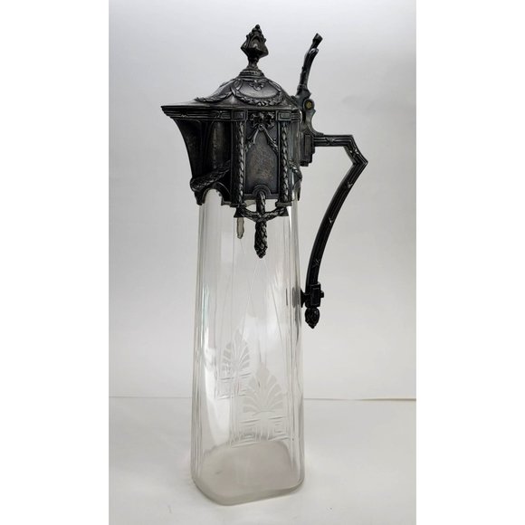 Etched Glass Crystal Wine Pitcher Silver Topped Ewers Carafe Art Nouveau CT403 - Picture 1 of 16